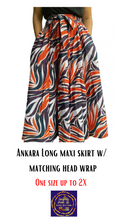 Load image into Gallery viewer, “Pops of orange🔸” Ankara long maxi skirt w/ small head wrap