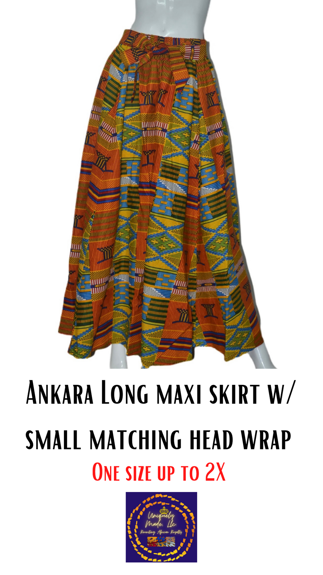 “Light Denim” Ankara long maxi skirt w/ small head wrap