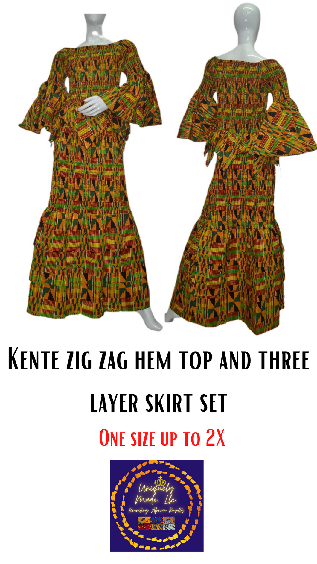 STRETCHY Kente Zig Zag hem top and three layer skirt set