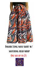 Load image into Gallery viewer, “Pops of orange🔸” Ankara long maxi skirt w/ small head wrap
