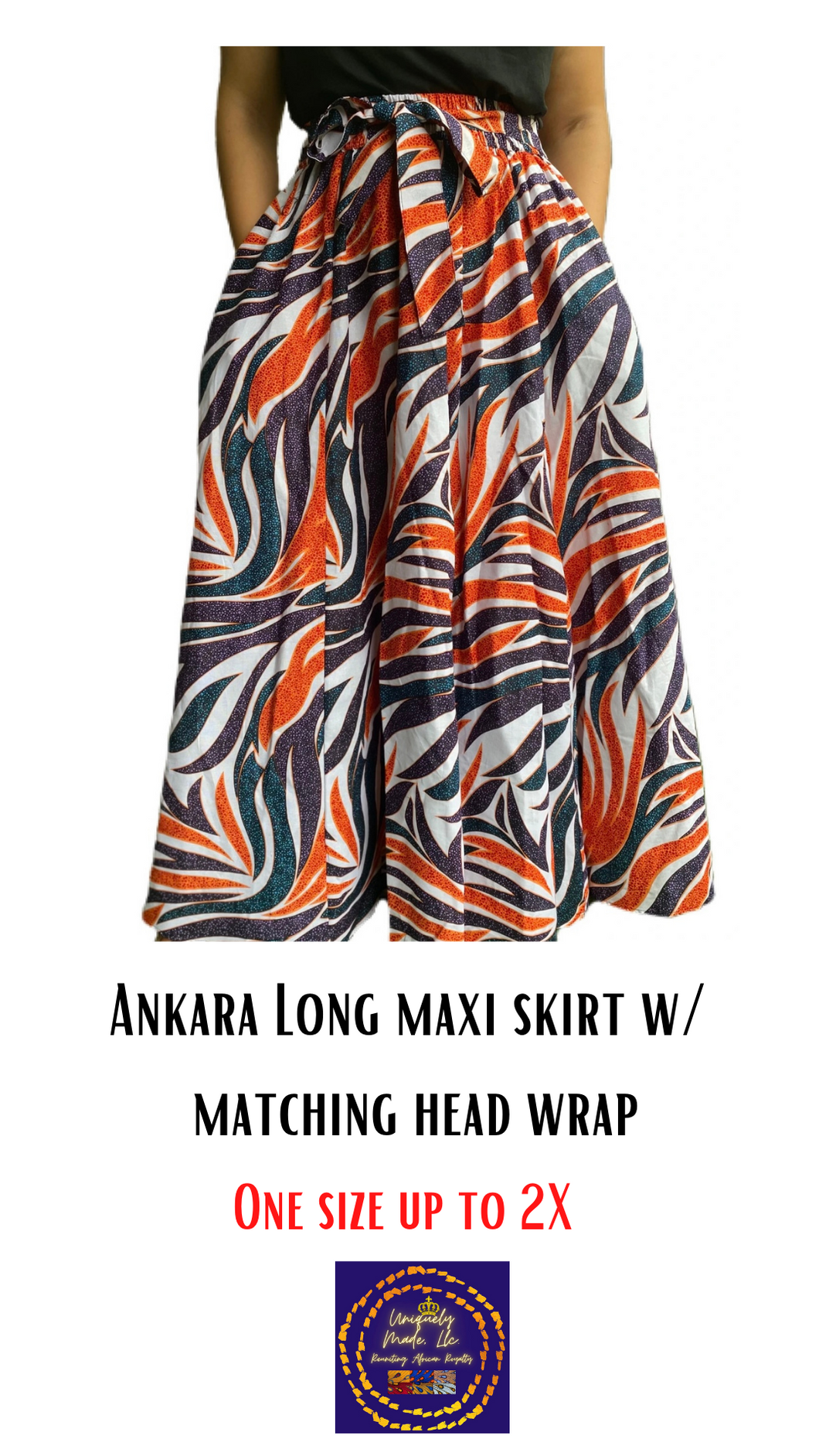 “Pops of orange🔸” Ankara long maxi skirt w/ small head wrap