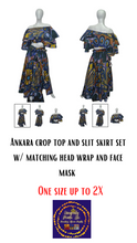 Load image into Gallery viewer, Ankara Crop top and Slit Skirt set w/ matching head wrap and mask
