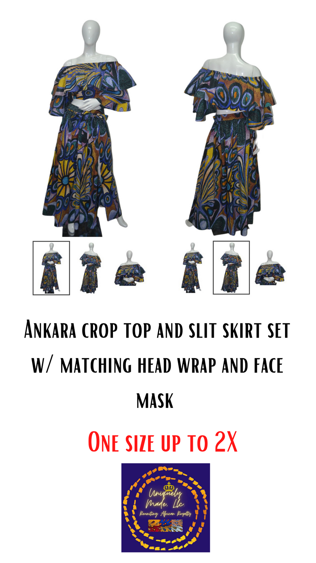 Ankara Crop top and Slit Skirt set w/ matching head wrap and mask