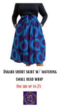 Load image into Gallery viewer, “Blue crush 💙” short Ankara skirt w/ matching head wrap
