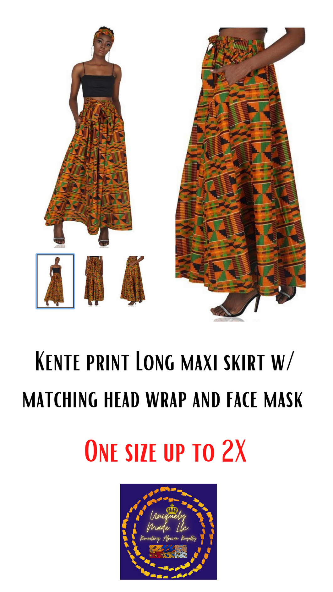 Kente print Long maxi skirt w/ matching head wrap and mask