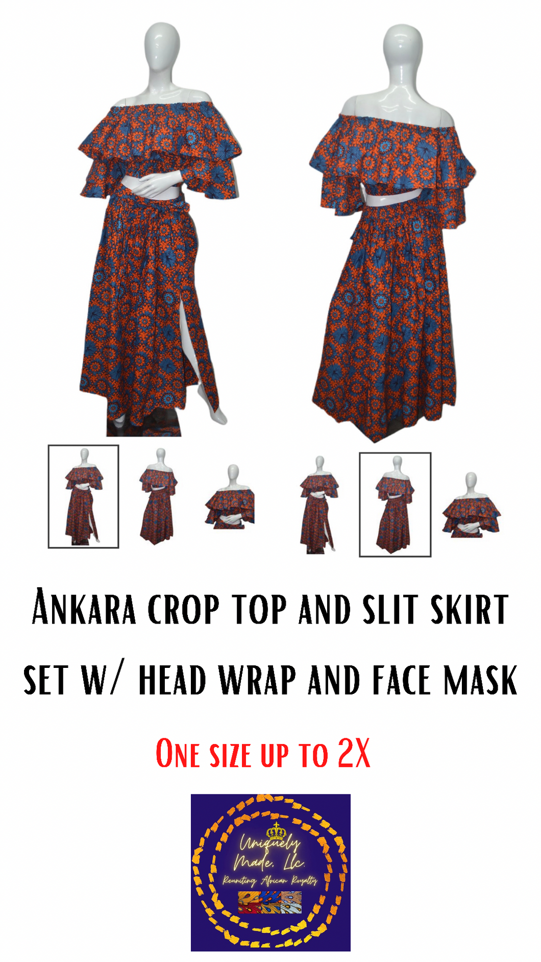 Sunset 🌅 Ankara Crop top and Slit Skirt set w/ matching head wrap and mask