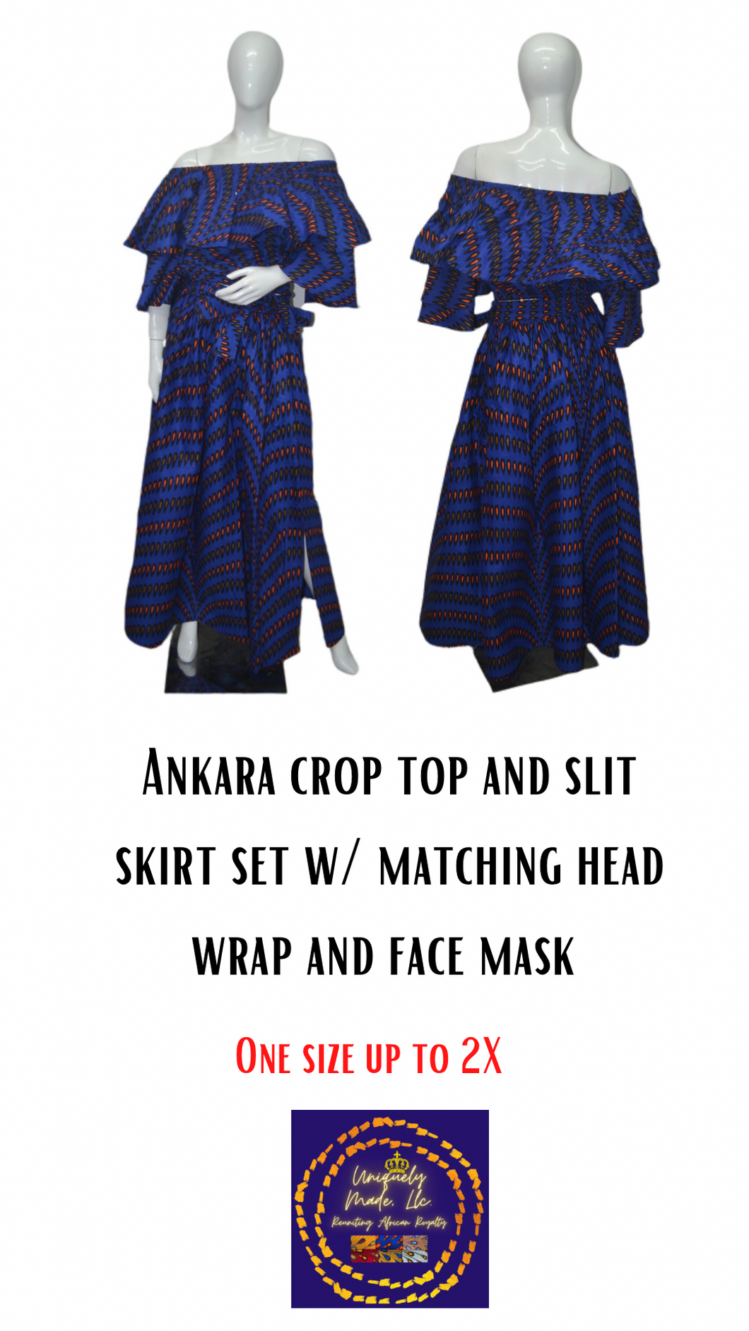 Ankara Crop top w/ slit Skirt Head Wrap & Mask