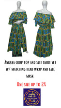 Load image into Gallery viewer, Ankara Crop top, Slit Skirt set w/ matching head wrap and mask
