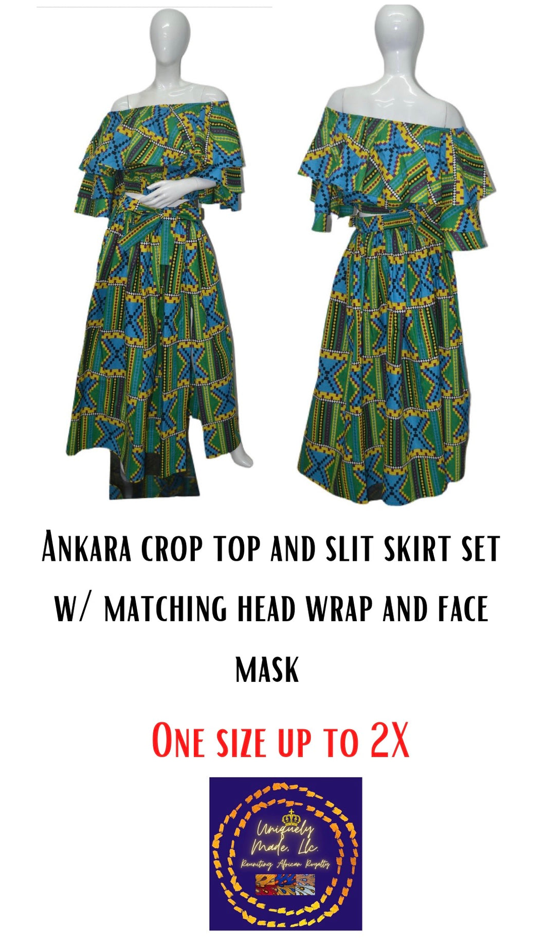 Ankara Crop top, Slit Skirt set w/ matching head wrap and mask