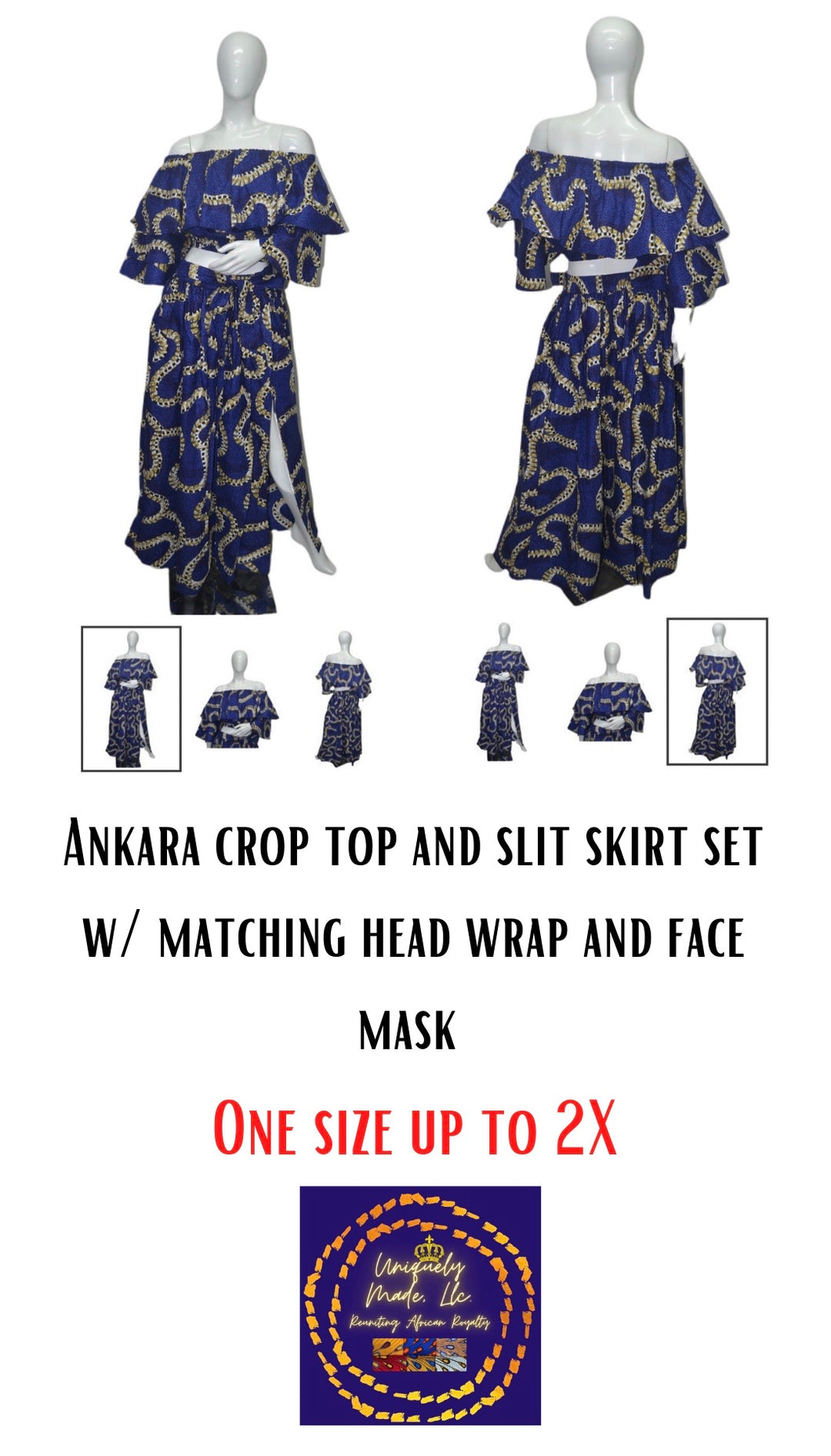 Ankara Crop top, Slit Skirt set w/ matching head wrap and mask